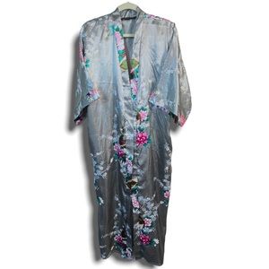 Babeyond kimono style open silky robe Japanese floral silver Free Size fits most